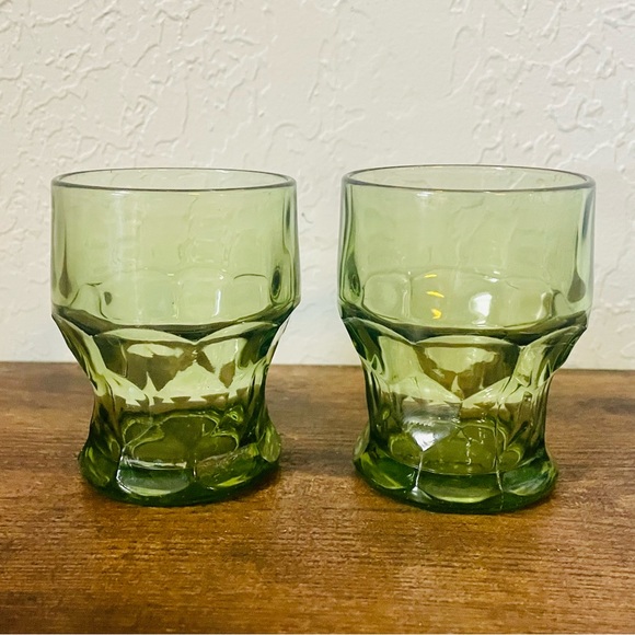 Set of 2 Vintage Anchor Hocking Georgian Avocado Green Flat Tumbler Honeycomb - Picture 1 of 6